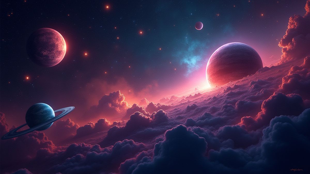 Representação colorida de planetas e estrelas brilhando no espaço.