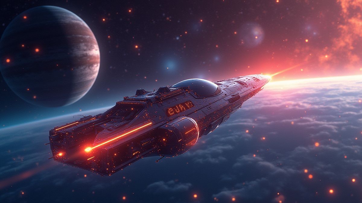 Stralend ruimteschip dat tussen planeten en sterren vliegt.