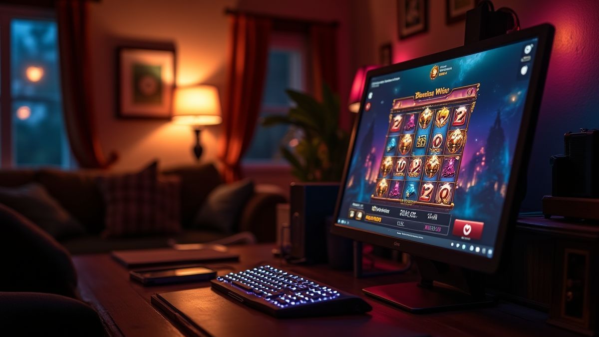 Gezellige speelkamer met een computer die een gokkastinterface toont.
