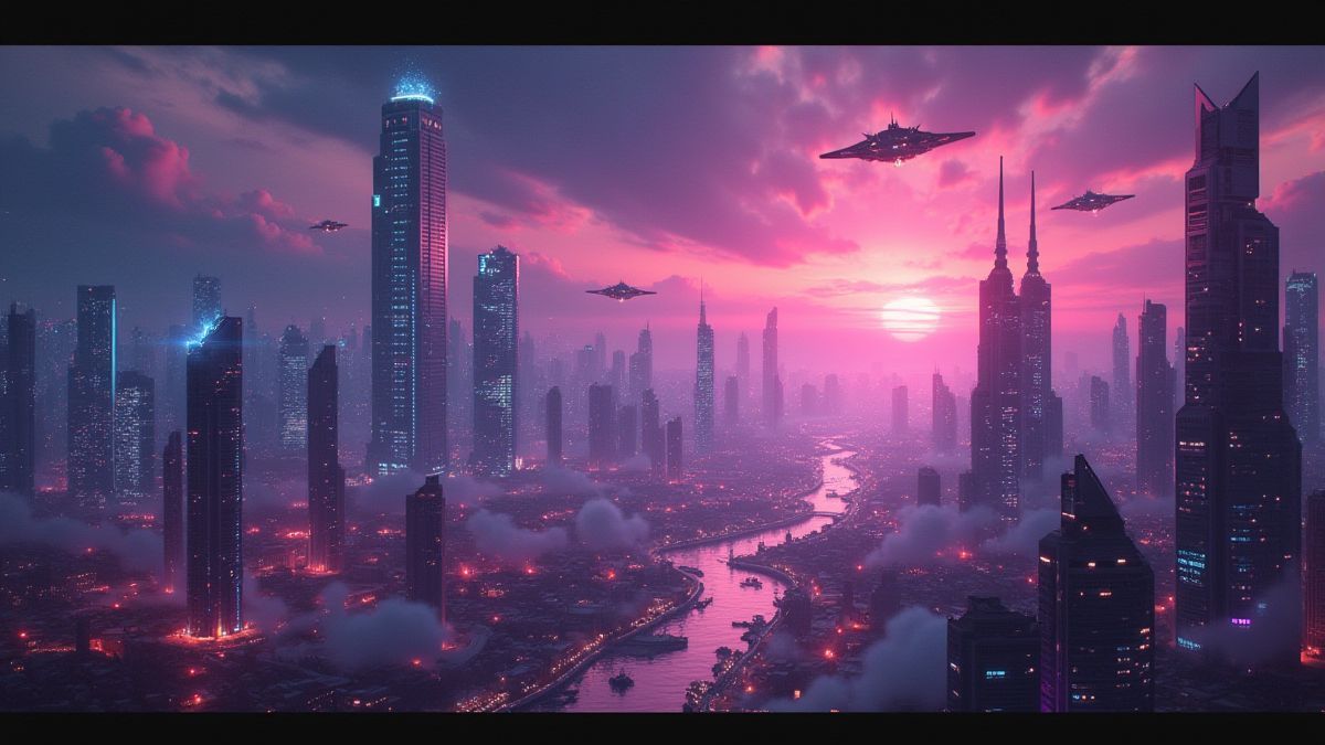Futuristische stad onder buitenaardse aanval met neonlichten.
