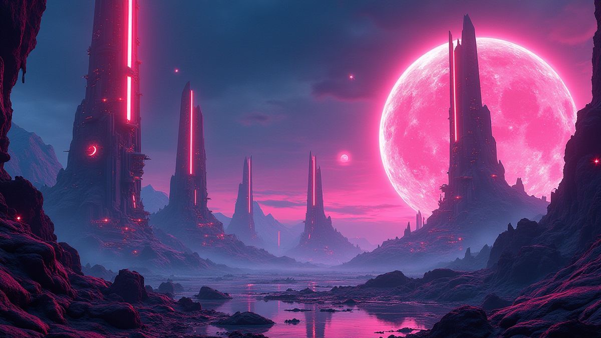 Stralend buitenaards landschap met neonlichten.