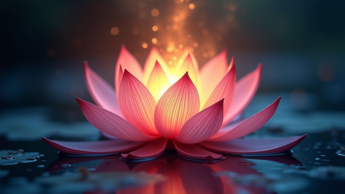 Flor de loto brillante envuelta en luz mística.