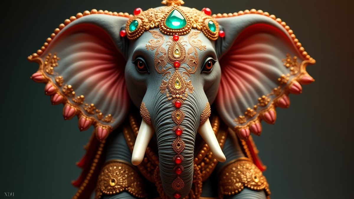 Elefante indio decorado con joyas brillantes.