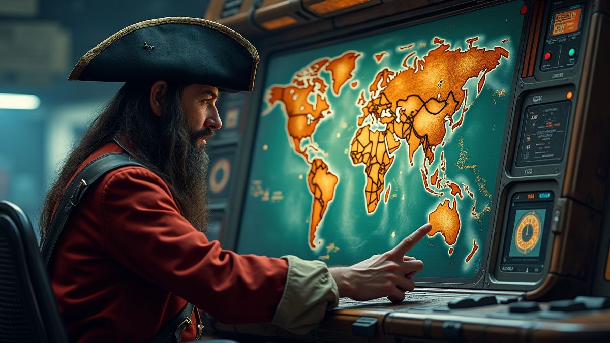 Un pirata ajustando un mapa del tesoro en un panel de control futurista.