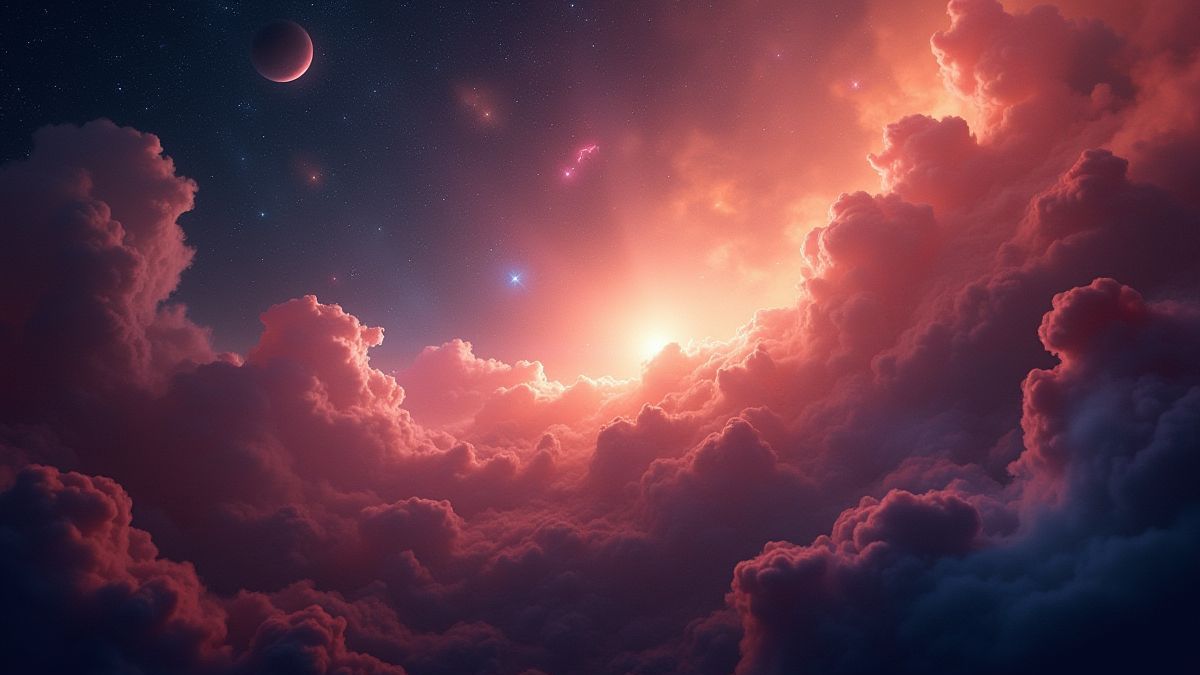 Nebulosa brillante con estrellas y planetas en el espacio.