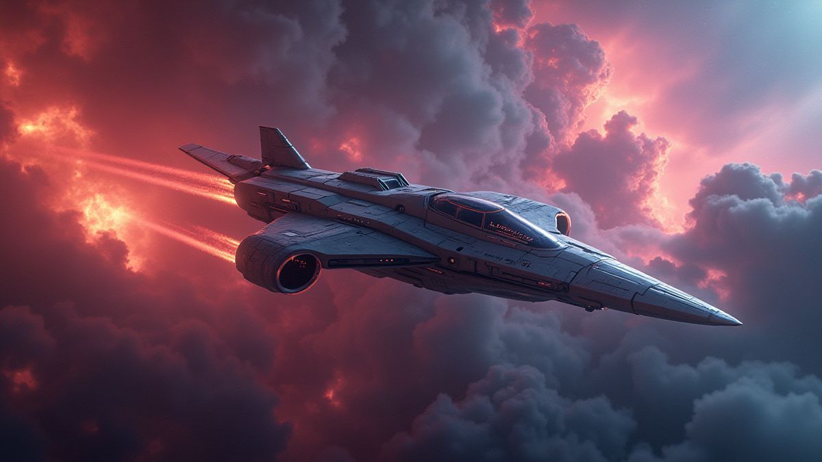 Nave espacial futurista volando a través de una nebulosa colorida.