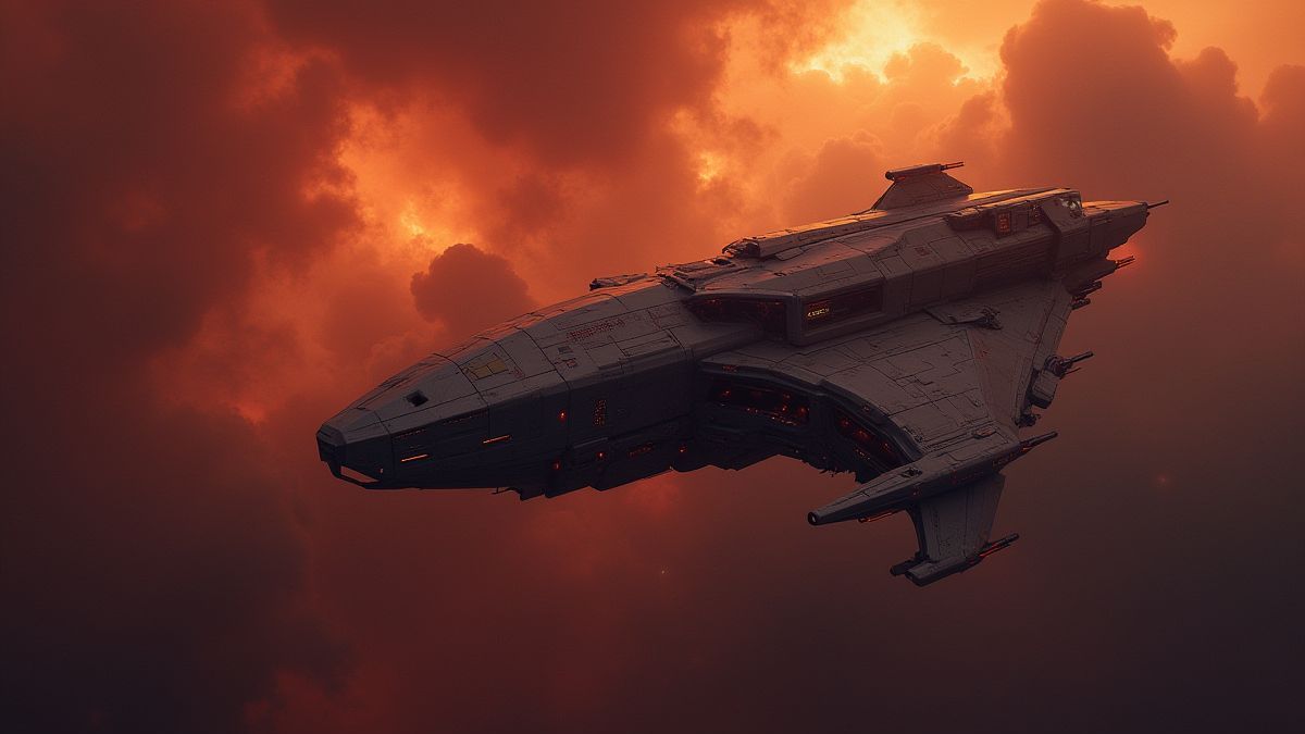 Nave spatiale futurista cerca de una nebulosa brillante.