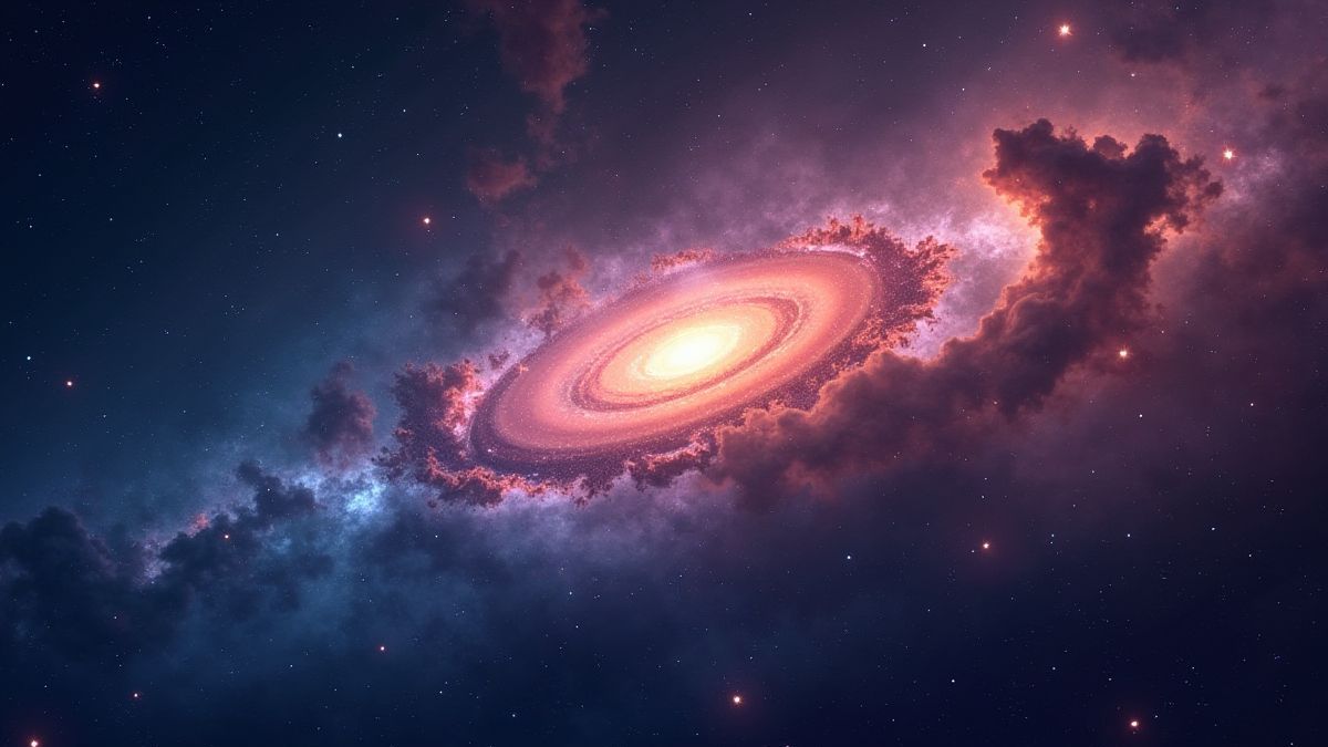 Um cúmulo de estrelas rodeado de nebulosas de cores.