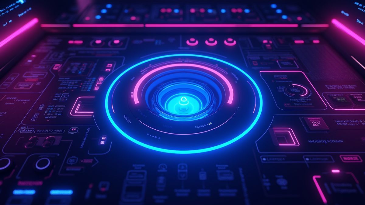 Um painel de controle futurista com luzes de néon azul e púrpura.