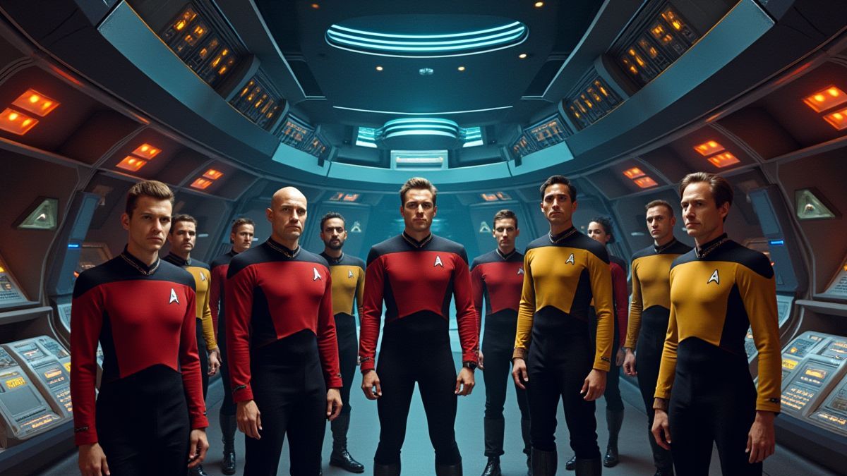 Besatzung der USS Enterprise auf der Brücke des Raumschiffs.