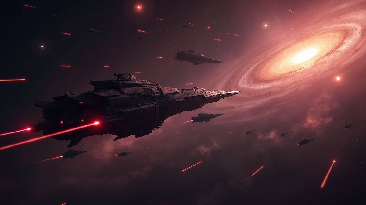 Weltraumschlacht mit Raumschiffen, die Laser in der Nähe einer fernen Galaxie abfeuern.