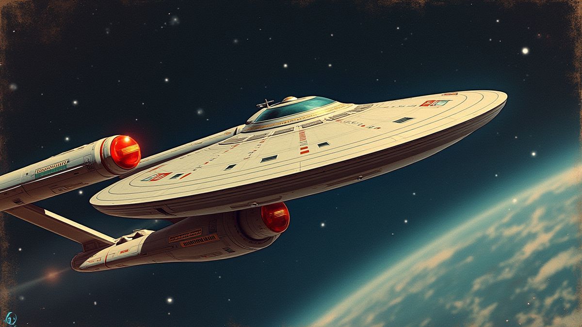 Vintage-Illustration der USS Enterprise, die durch den Weltraum fliegt.