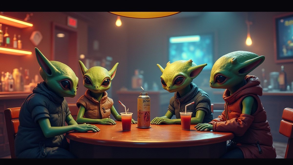 Komische alienartige Charaktere in einer galaktischen Bar.