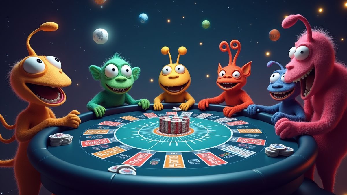 Ein raumthematischer Casino-Tisch umgeben von skurrilen alienartigen Charakteren.