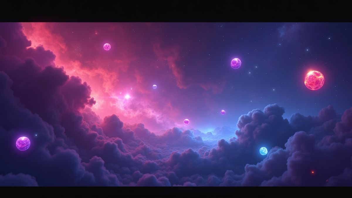 Escena espacial con nebulosas coloridas y gemas flotantes.