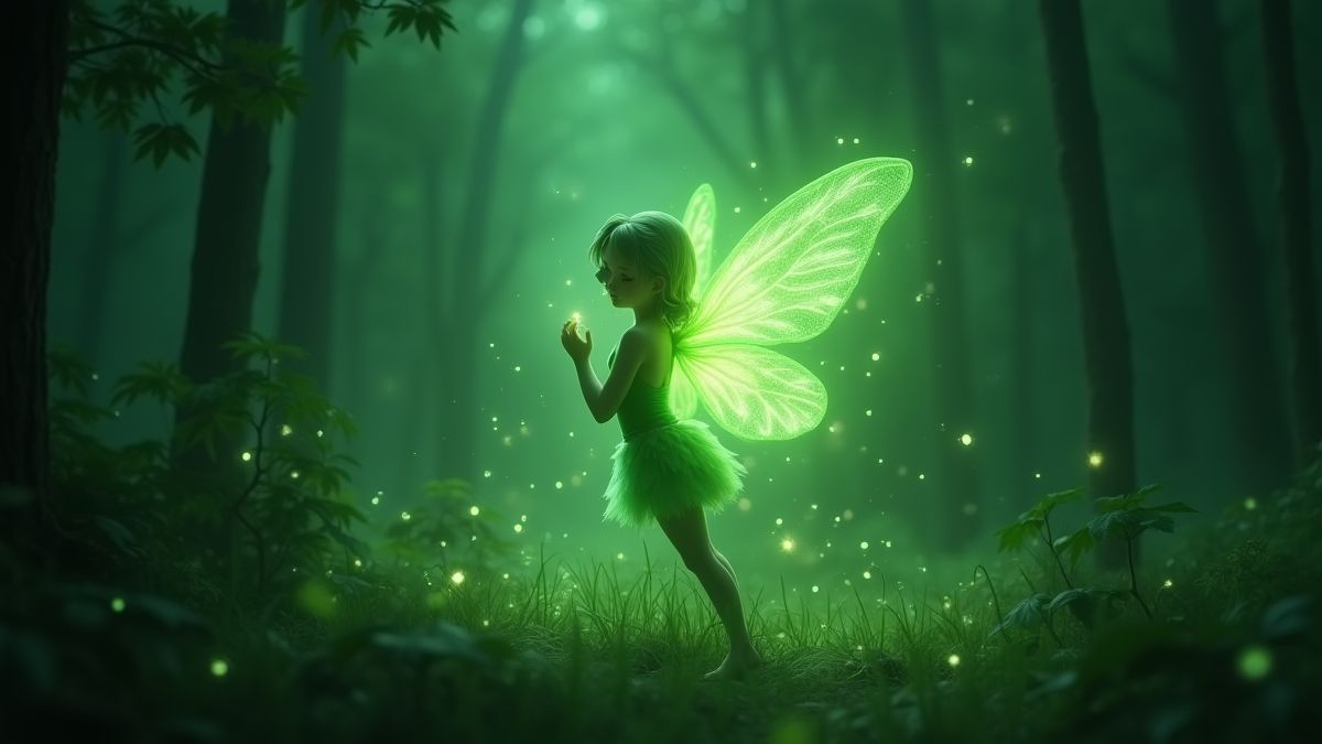 Une fée verte lumineuse entourée de scintillements magiques dans une forêt mystique.