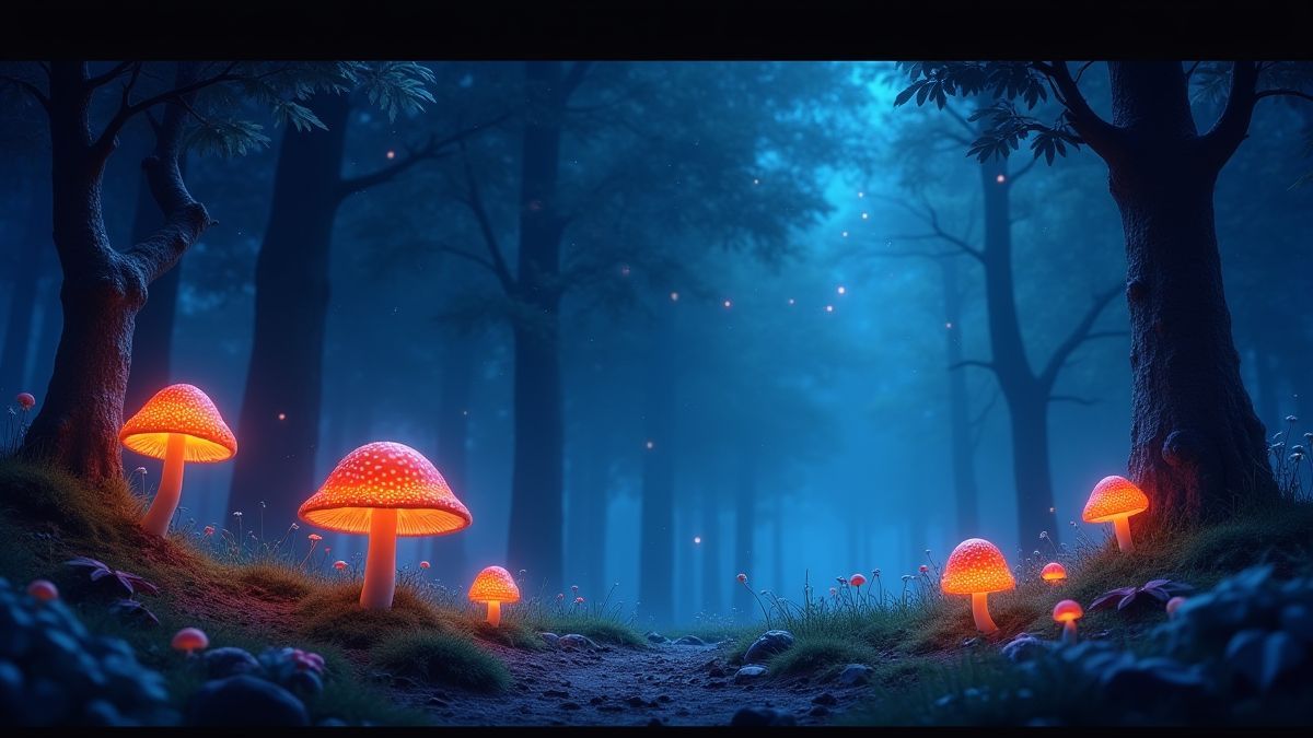 Une forêt magique la nuit avec des champignons brillants et des étoiles scintillantes dans le ciel.
