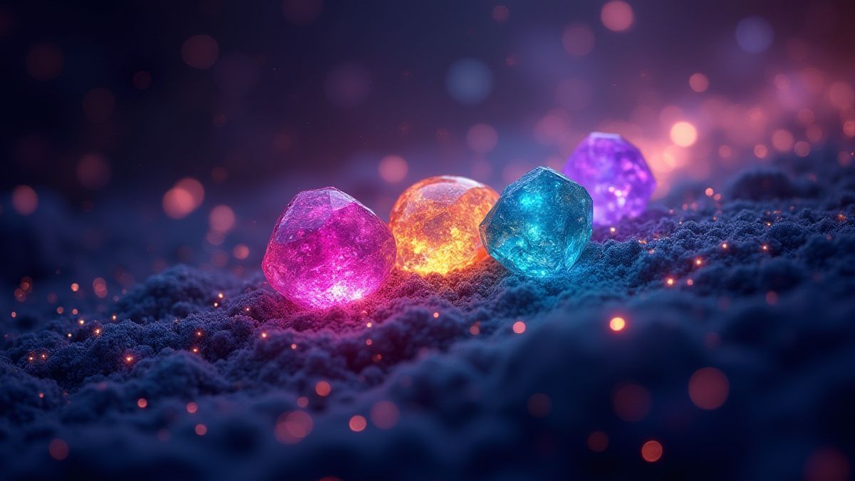 Edelsteine, die im Raum leuchten, umgeben von Sternen und kosmischem Staub.