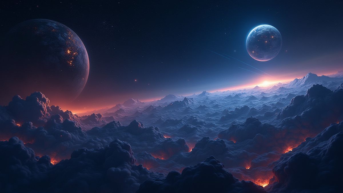 A cosmic landscape with bright planets and shooting stars.