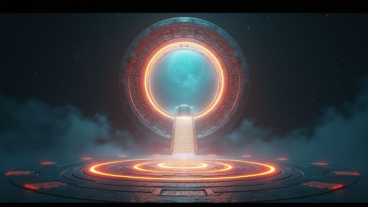 Un portal futurista brillante rodeado de jeroglíficos alienígenas en un entorno cósmico.