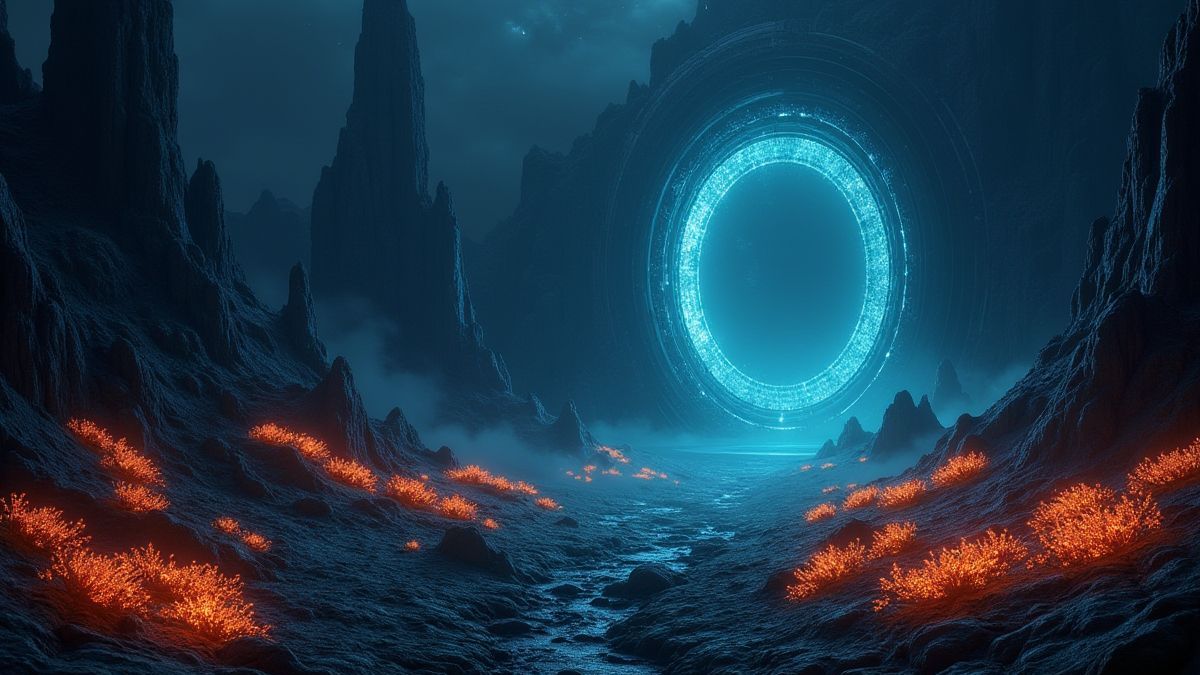 Paysage alien avec plantes brillantes et un portail Stargate.