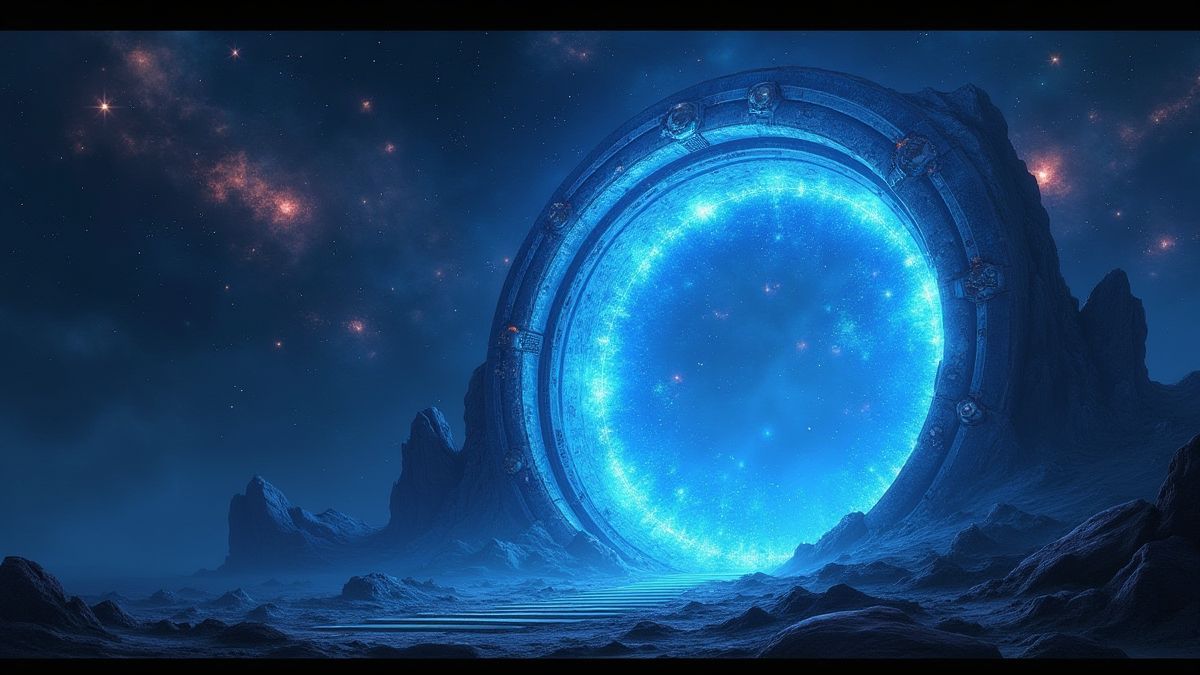 Scène cosmique avec étoiles, galaxies et un portail Stargate brillant en bleu.