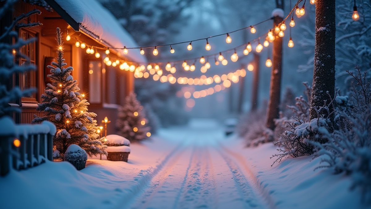 Paisaje nevado con luces navideñas brillantes y decoraciones festivas.