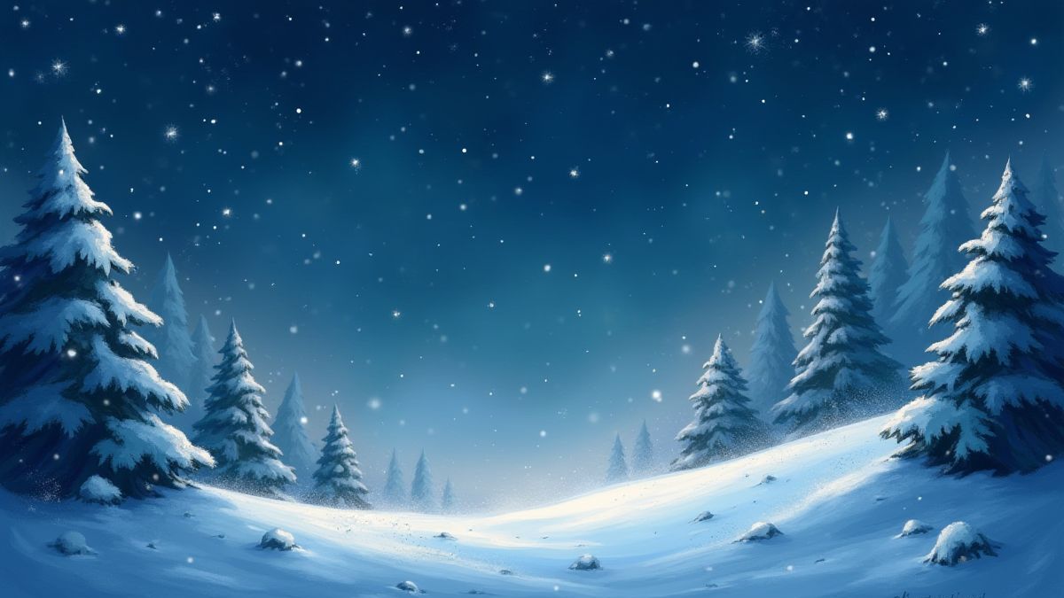 Escena mágica de Navidad con nieve cayendo y estrellas brillando.