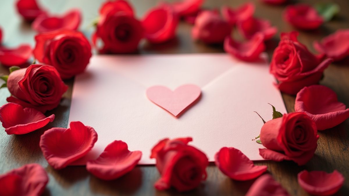 Carta de amor rodeada de pétalos de rosa