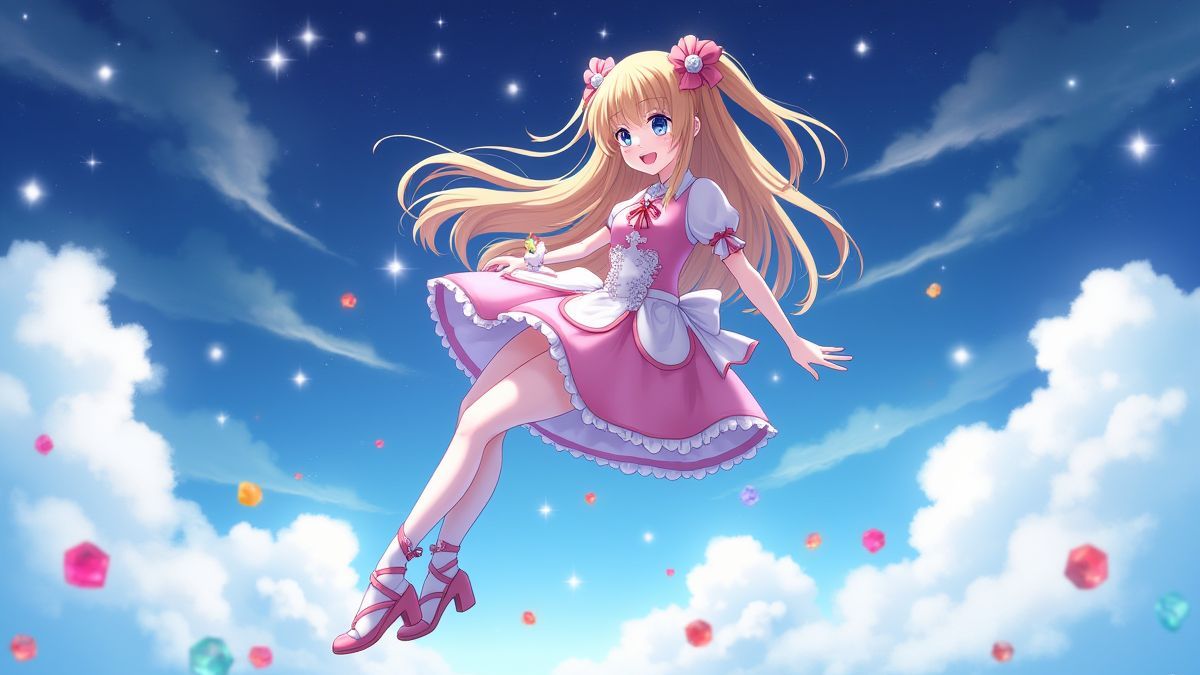 Eine Prinzessin, die zwischen Sternen und bunten Edelsteinen schwebt.