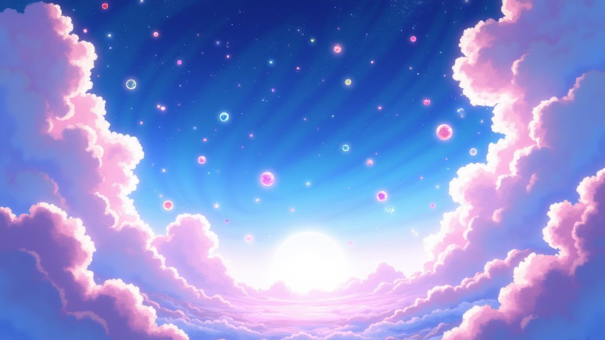 Celestial scene with gems and stars in an anime style.