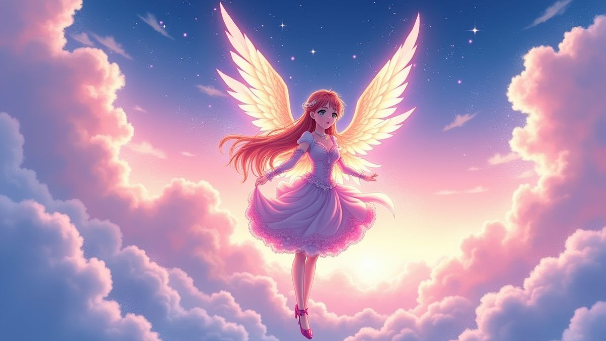 Anime princess with glowing wings in a star-filled sky.