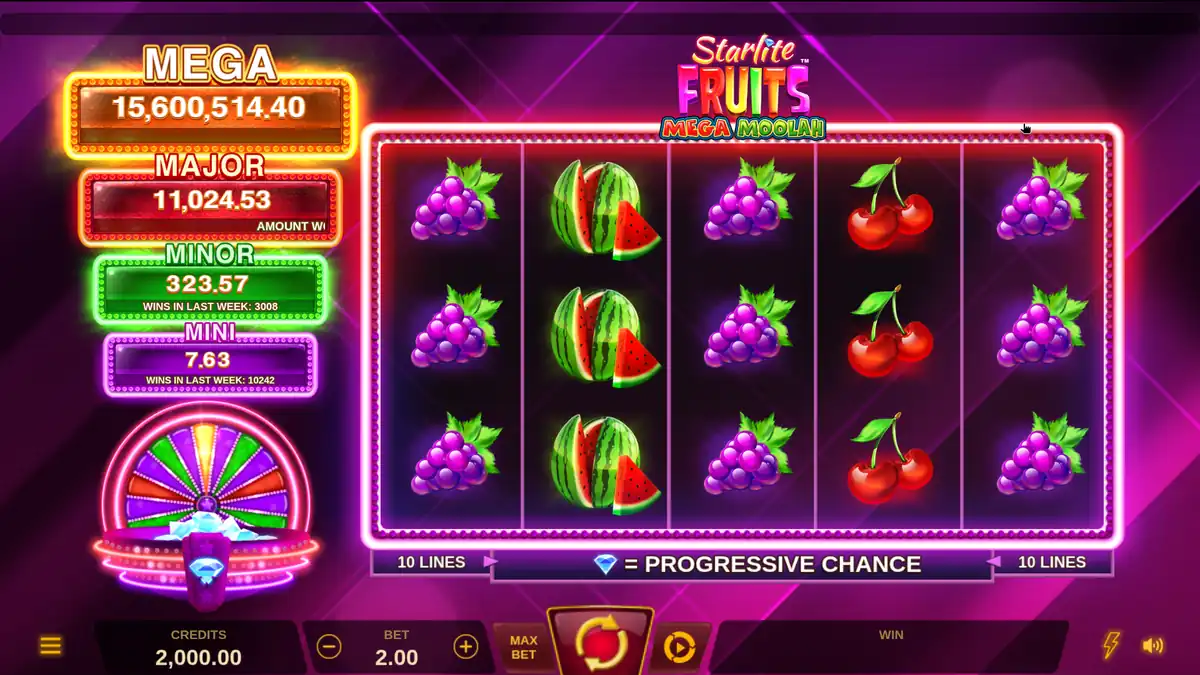 Ecrã do jogo base de Starlite Fruits Mega Moolah