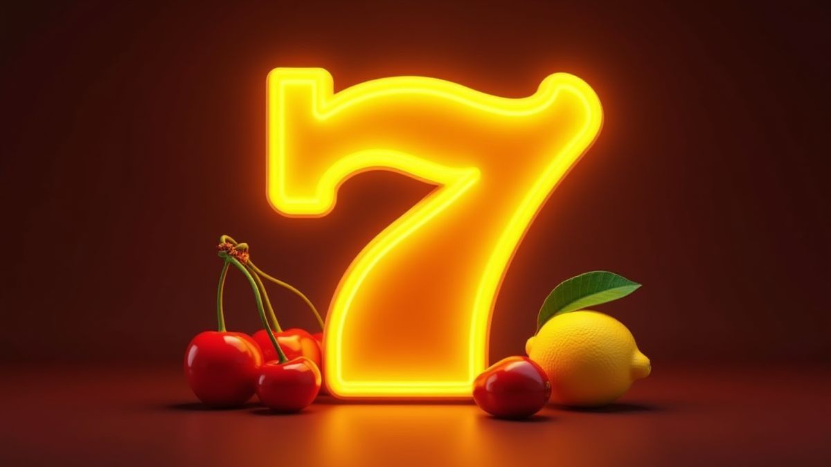 Símbolo Lucky 7 rodeado de frutas.