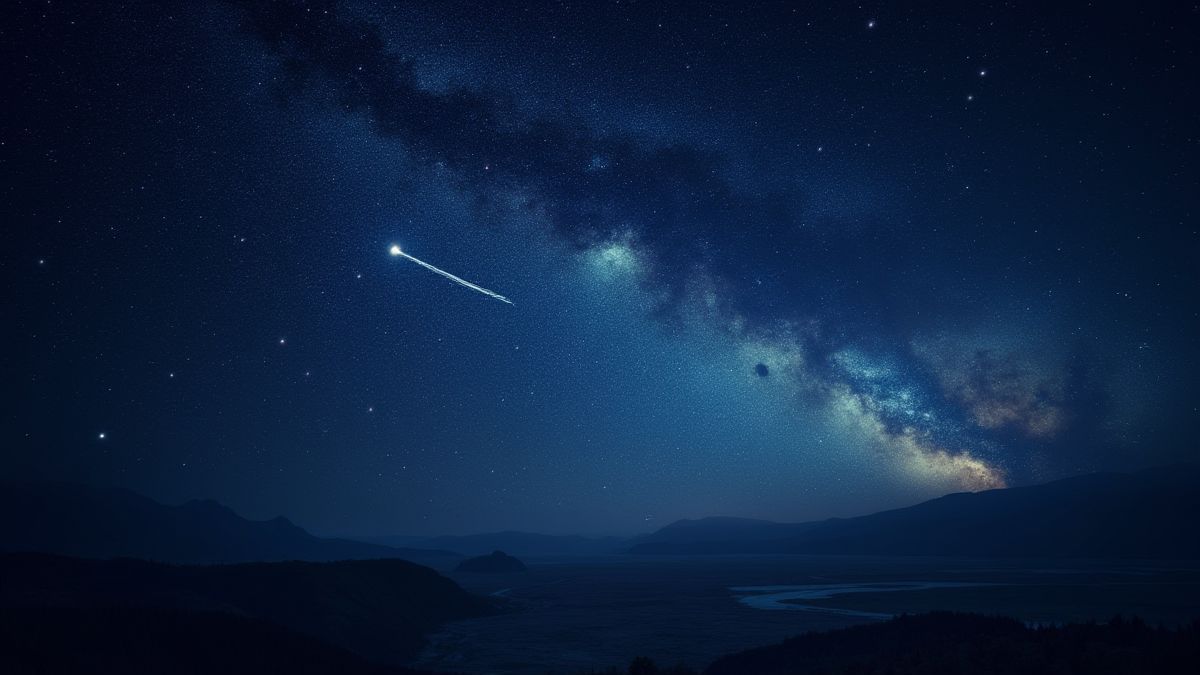 Un cielo estrellado lleno de cometas y planetas en la distancia.