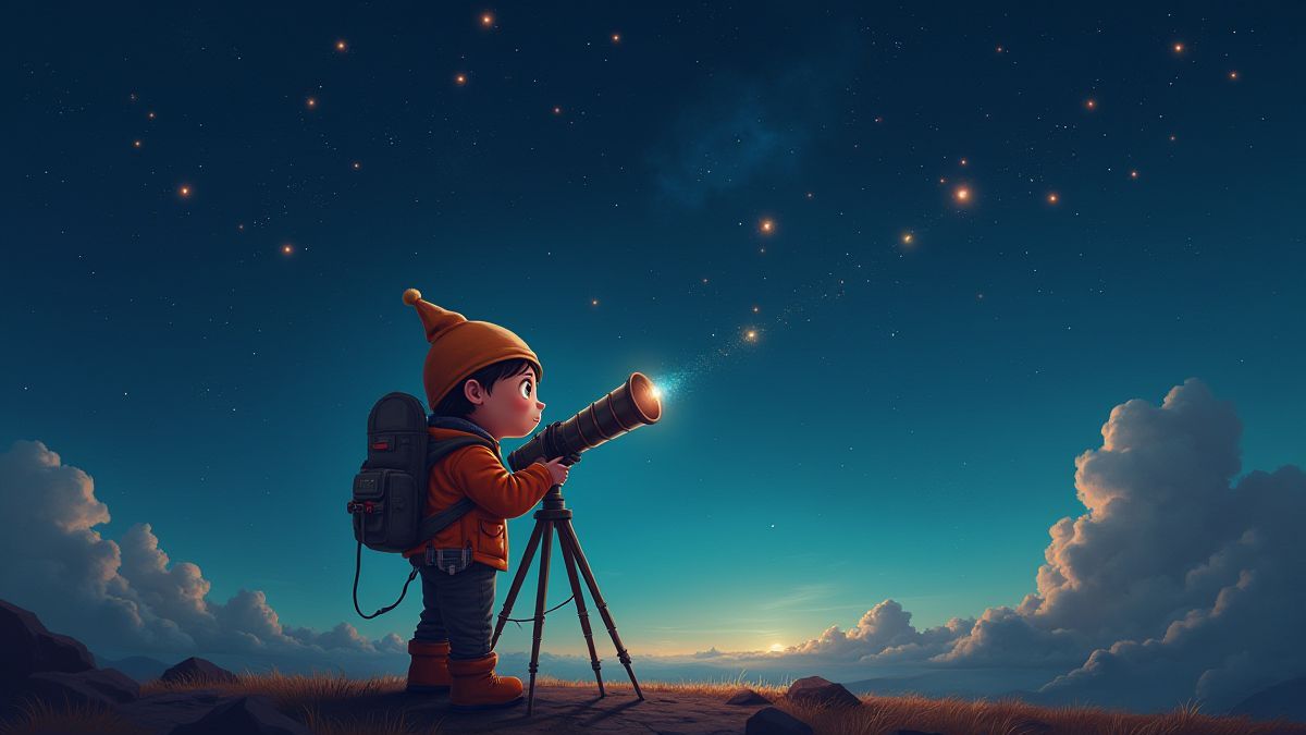 Un explorador cósmico observando estrellas con un telescopio.