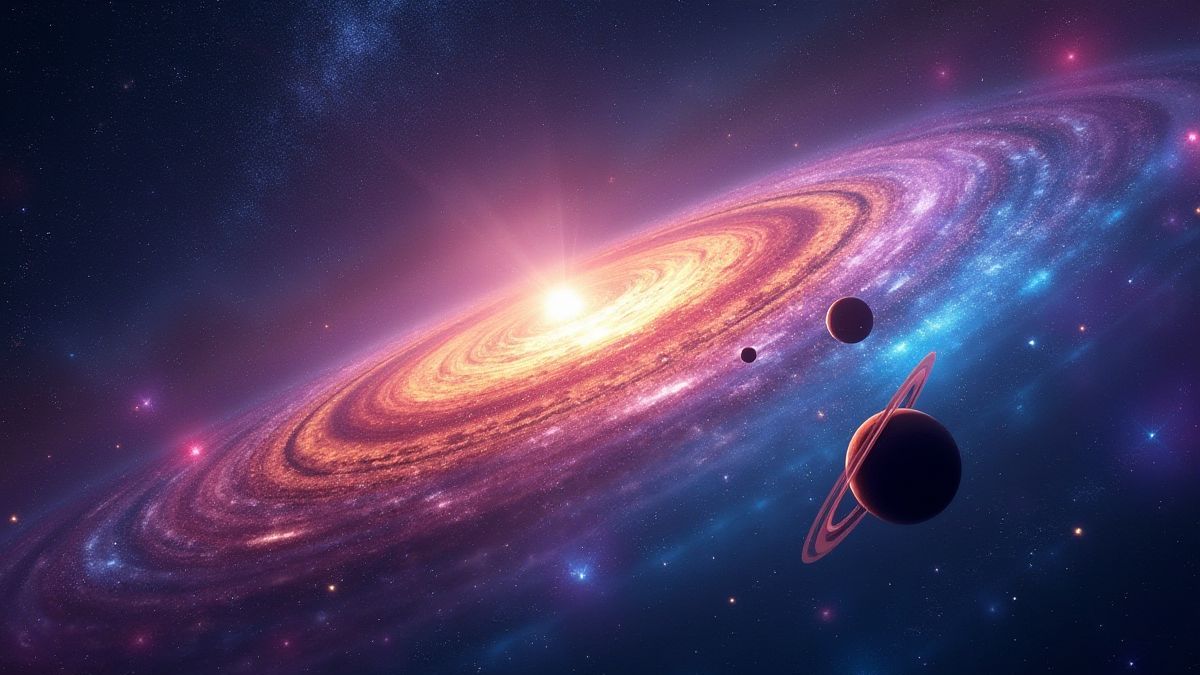 Uma galáxia iluminada com planetas e estrelas orbitando.