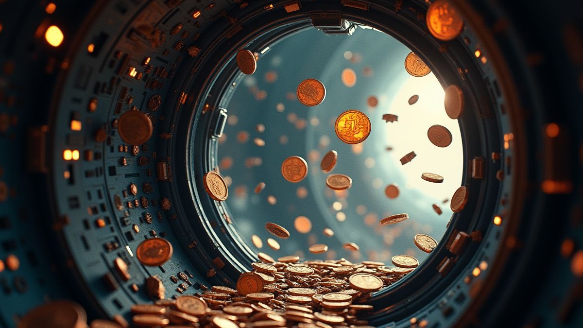 Moedas flutuando em gravidade zero dentro de uma nave espacial.