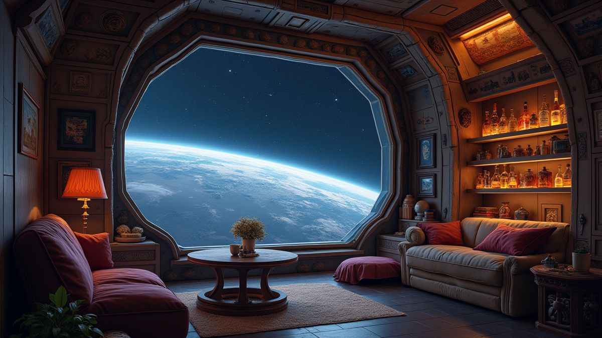 Interior de uma estação espacial com vista para as estrelas.