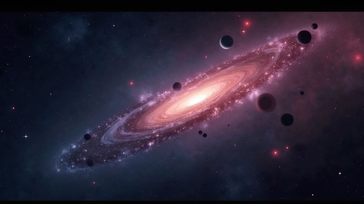 Imagen de una galaxia luminosa con estrellas y planetas.