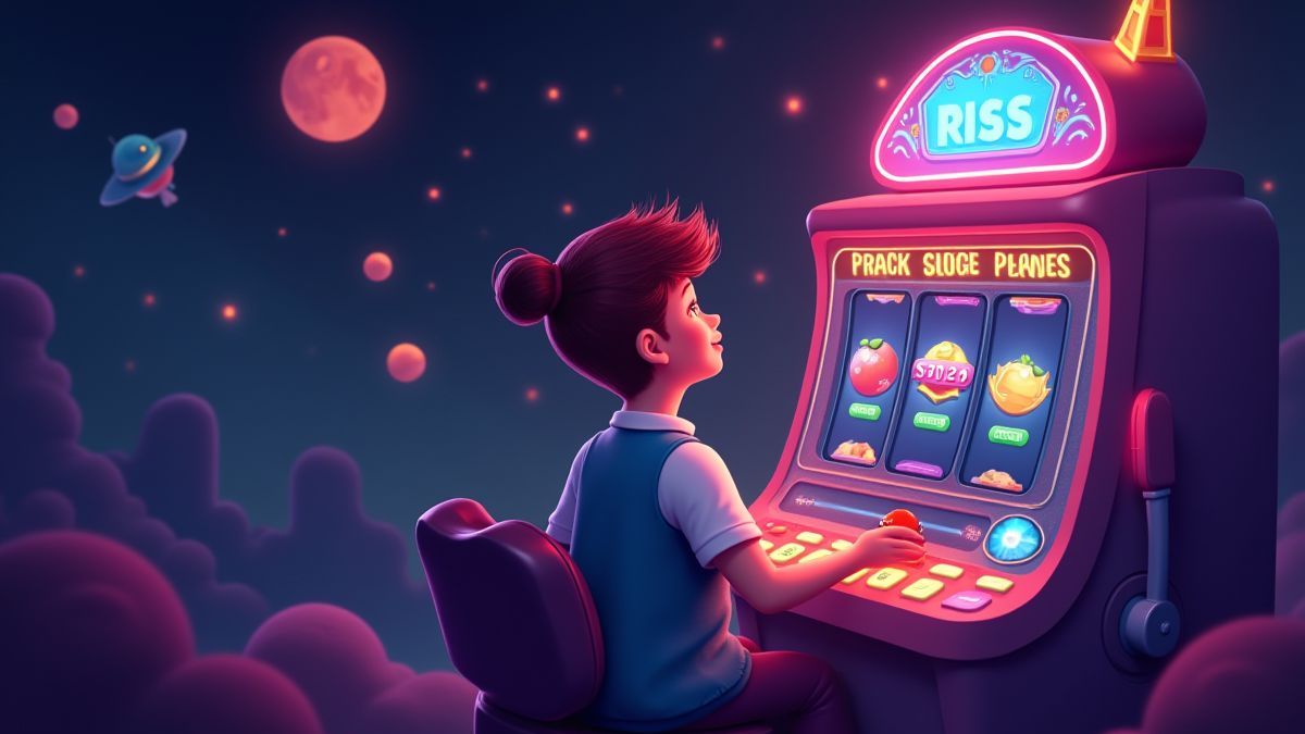Persona jugando a una máquina de slots con temática espacial.