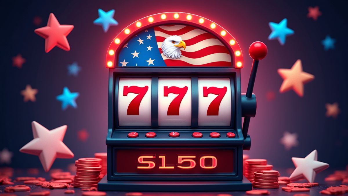 Slot machine with patriotic symbols like stars and eagles.