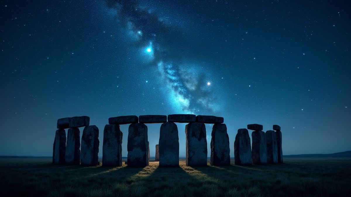 A landscape similar to Stonehenge under a magical starry sky.