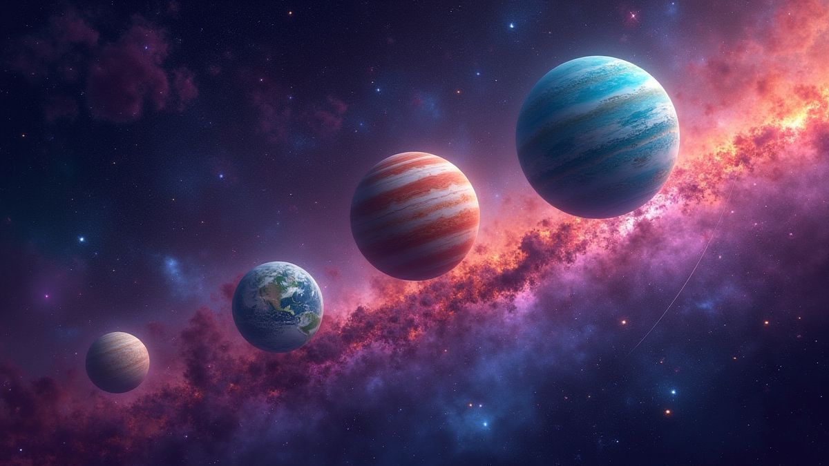 Animated illustration of planets and stars in a galactic environment.