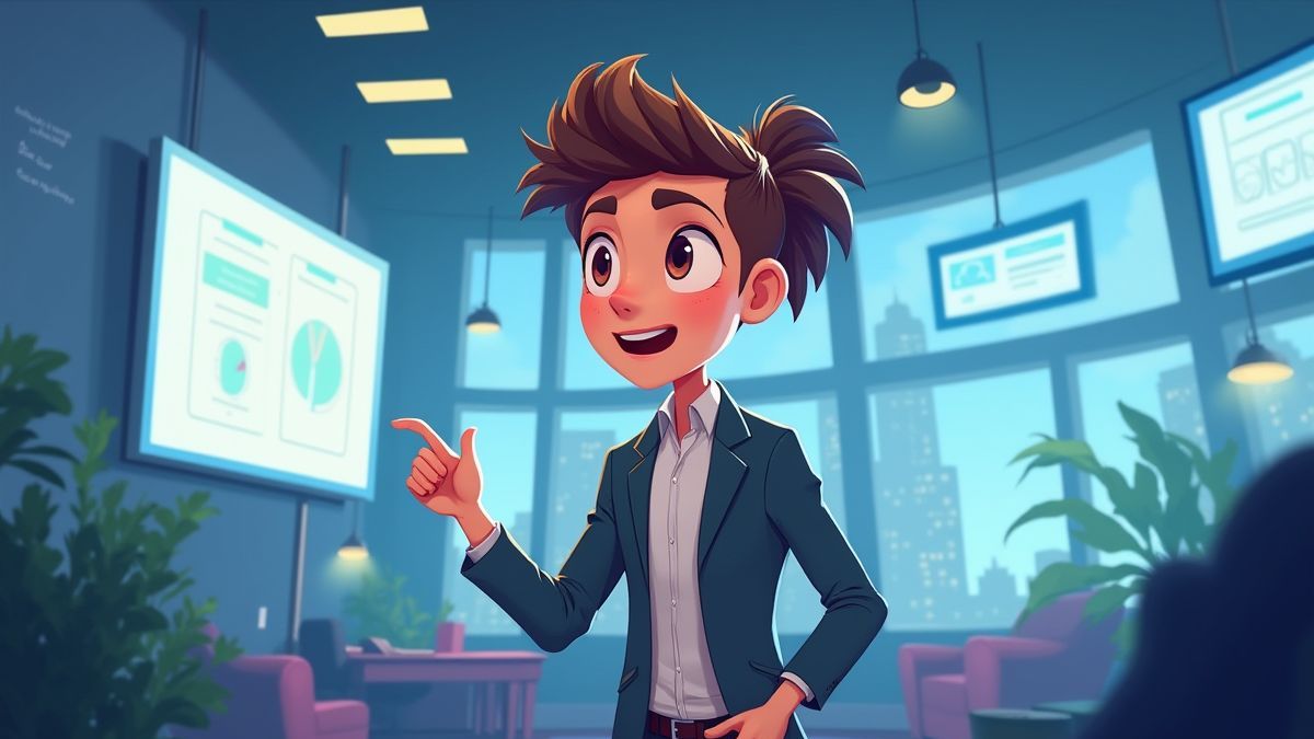 Animierter Gründercharakter in einem futuristischen Büro