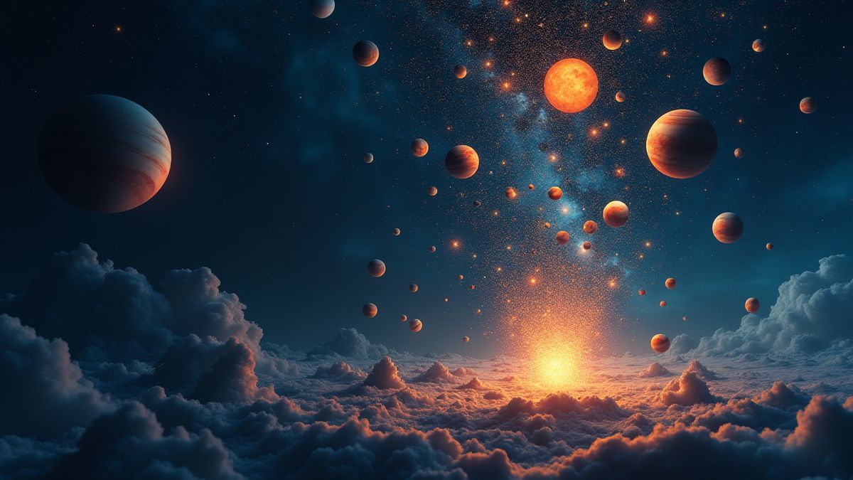 Símbolos cósmicos em cascata como estrelas e planetas.