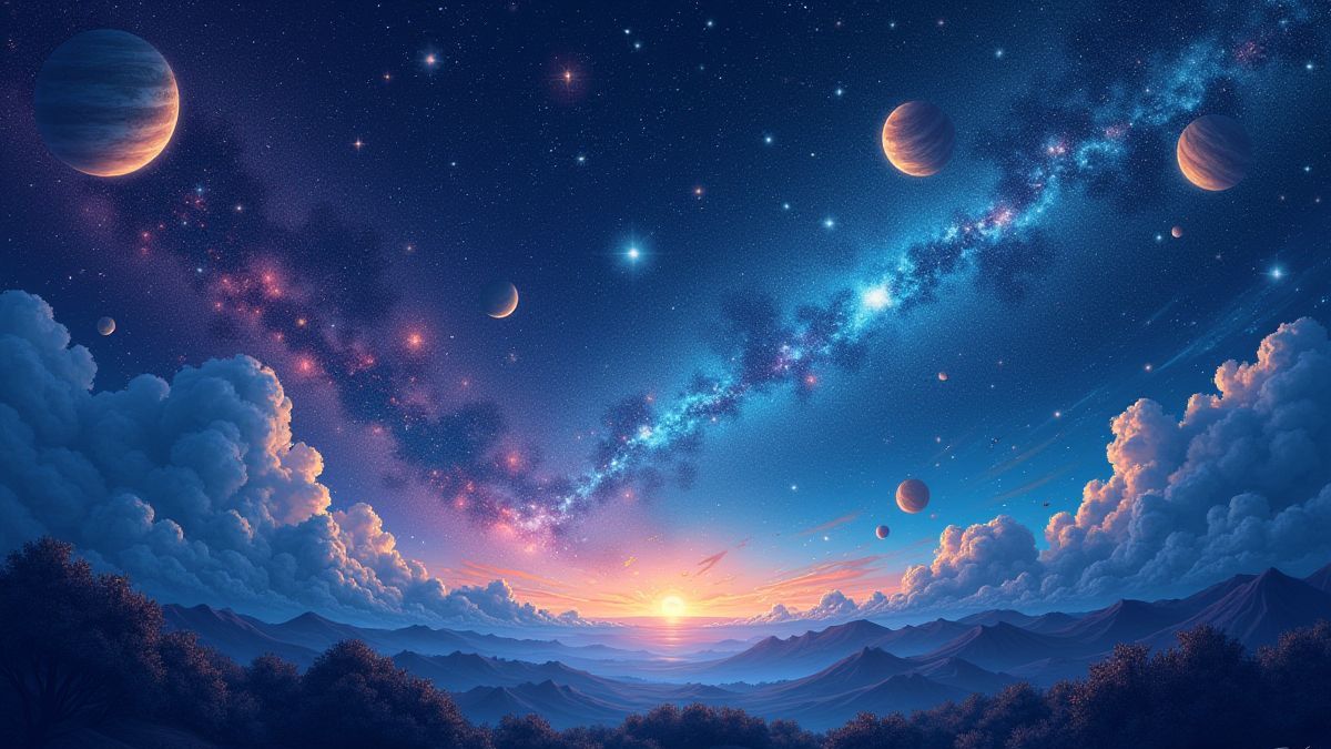 Uma galáxia mágica cheia de estrelas e planetas.