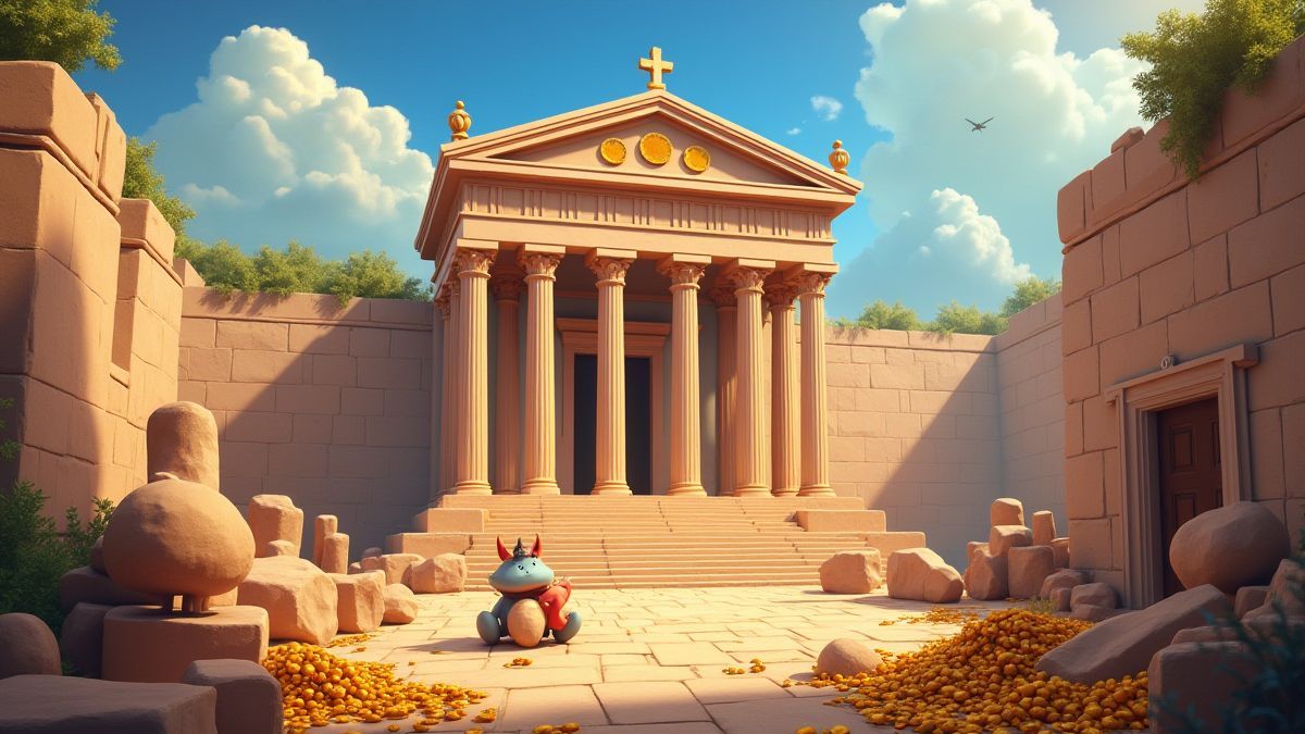 An animated Greek temple surrounded by mythical creatures and golden treasures.