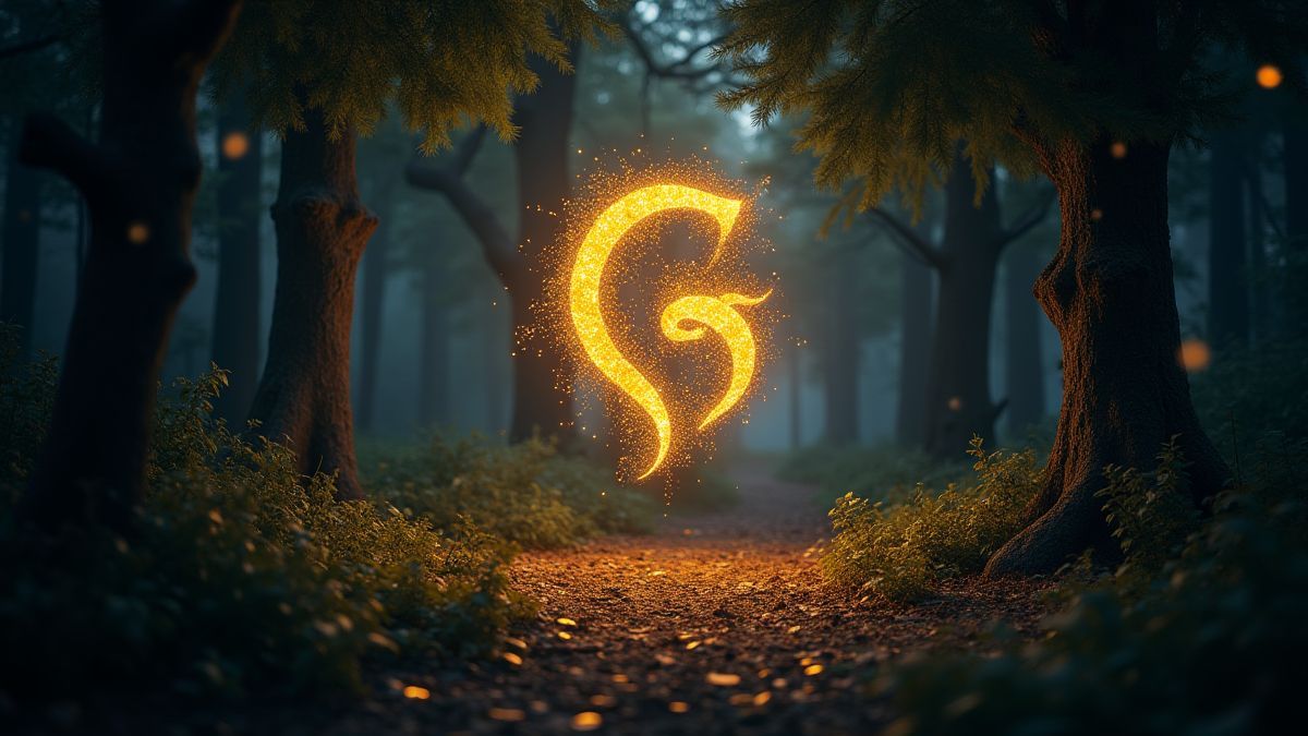 A magical Greek forest with the Medusa symbol glowing.