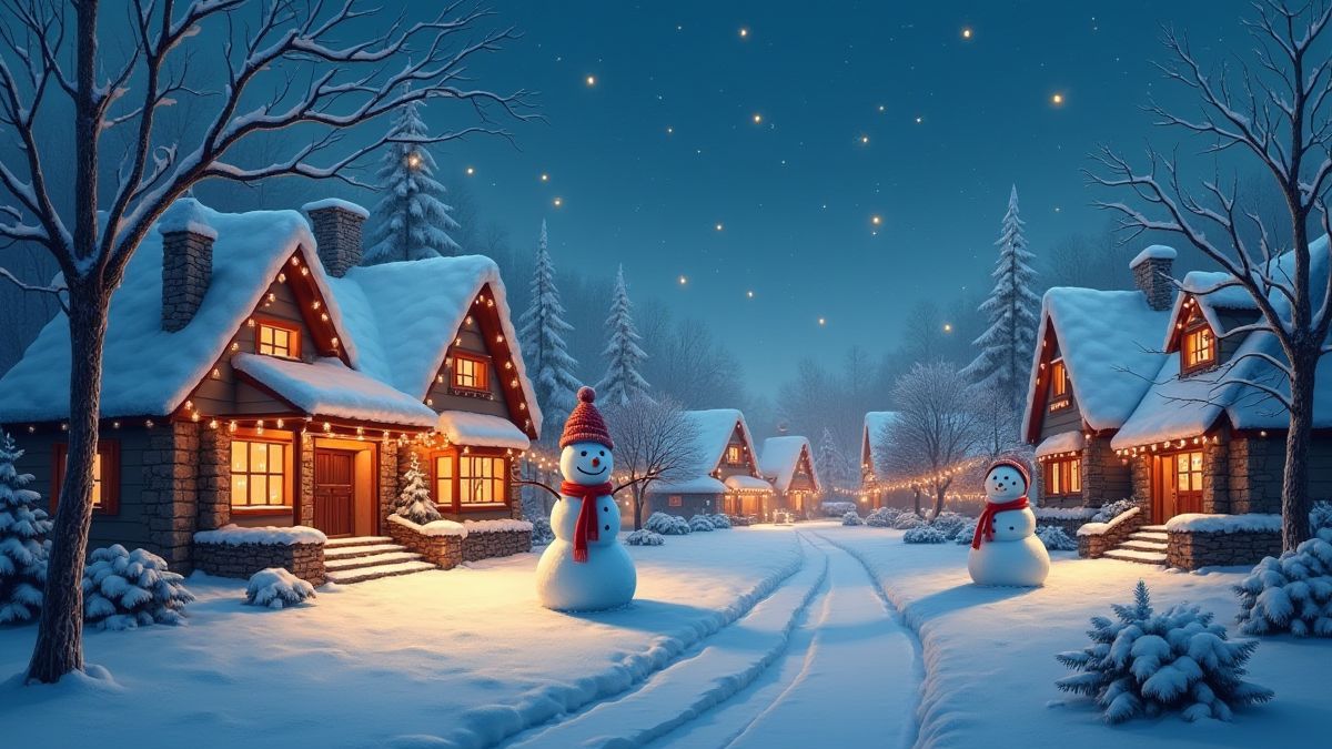 Pueblo nevado con luces navideñas y muñecos de nieve.
